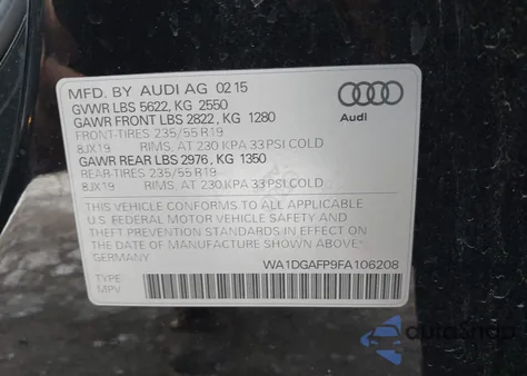 2015 Audi Q5 3.0T Premium Plus из США, поврежденный, VIN WA1DGAFP9FA106208